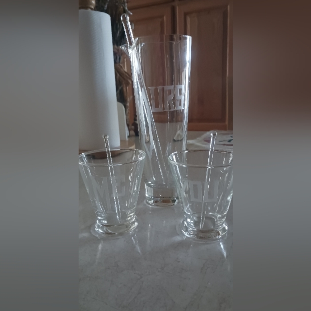 VINTAGE Cocktail Pitcher, Shot Glasses, and Glass Stirrers. OURS YOU ME Engraved